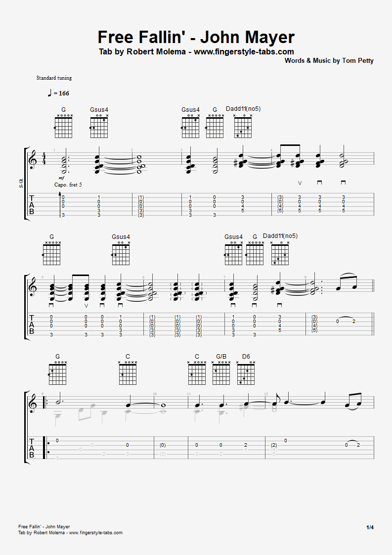 Guitar tab for free fallin john mayer